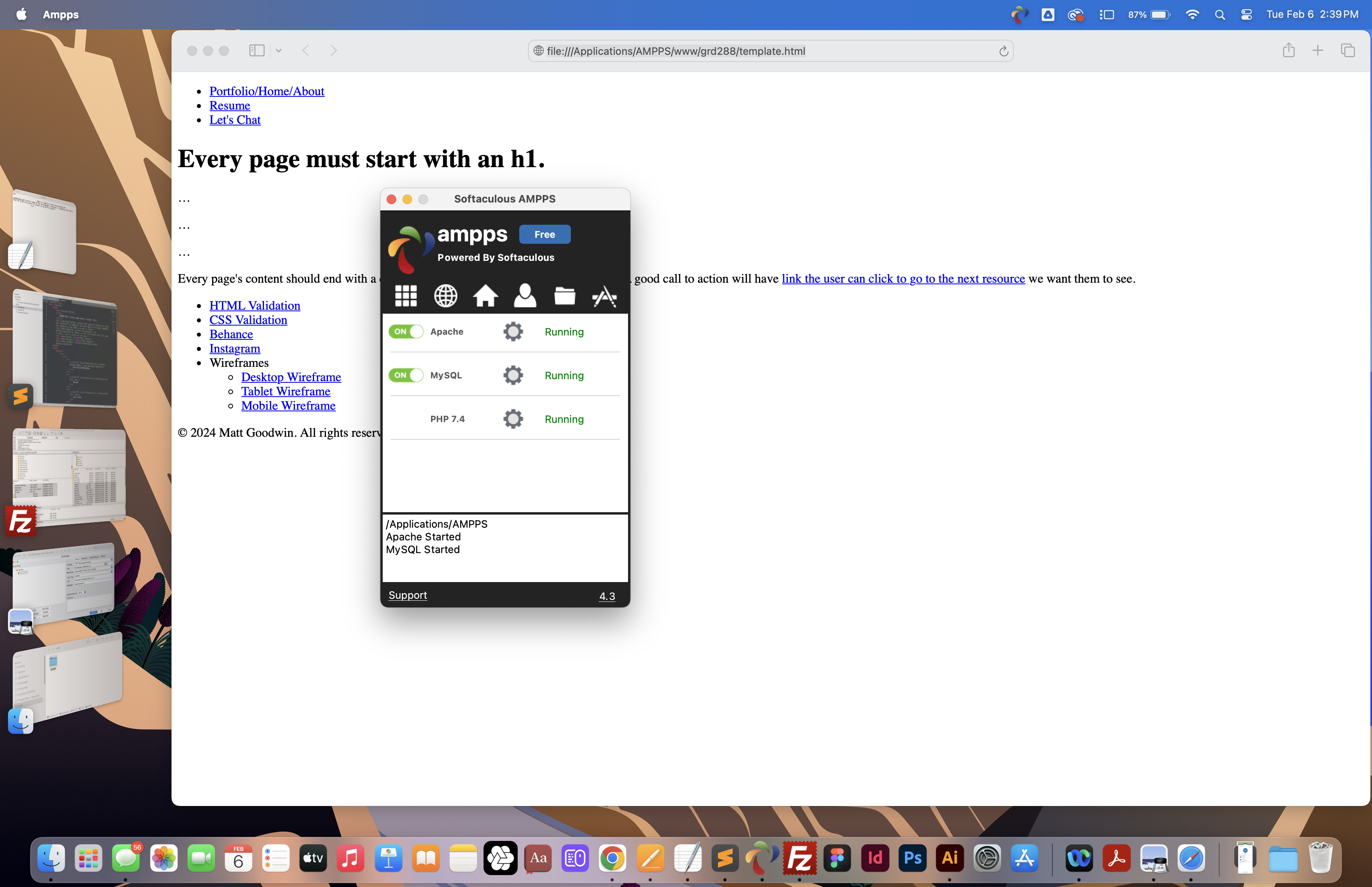 A screenshot with AMPPS running and a browser a page open on localhost running in the backgroun