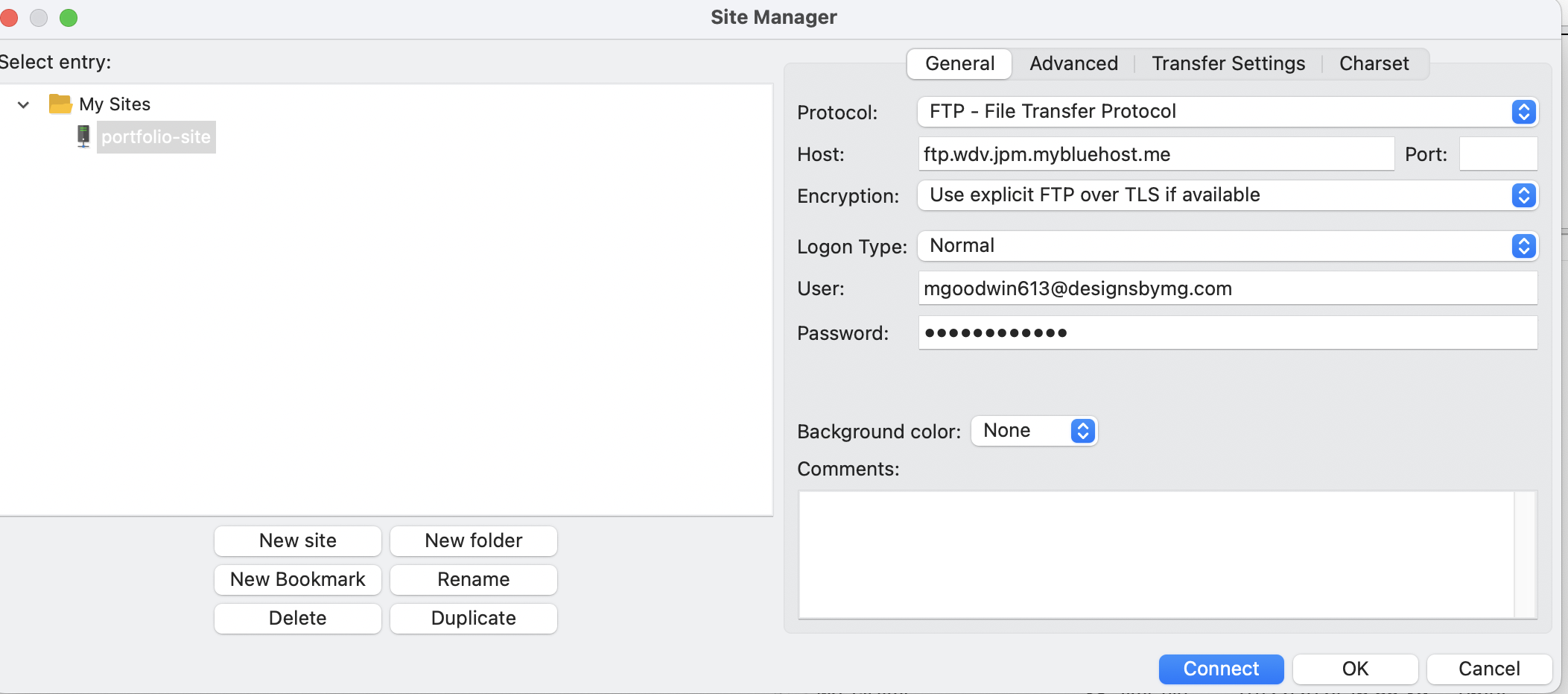 An image of the site manager interface in Filezilla that show I have set up my FTP account to connect to my hosting space